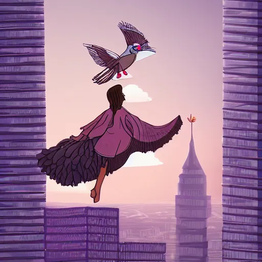 Image similar to Digital art of a woman riding a giant pigeon in the city skies