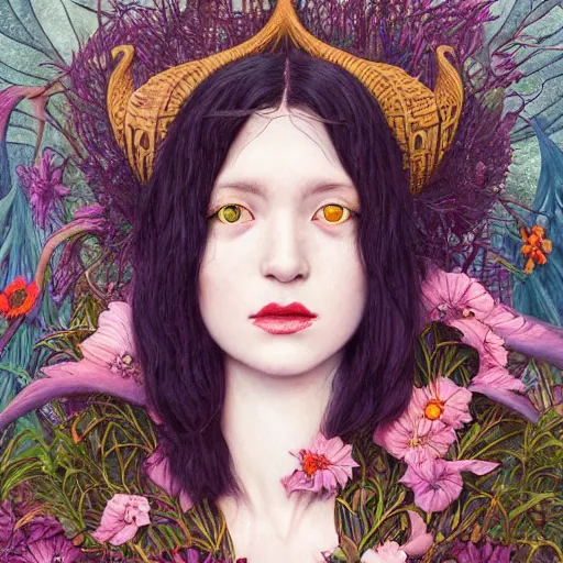 Image similar to marceline the vampire queen, exterior botanical garden, portrait face, colorful, frantisek kupka, intricate, miles johnston, kuroda seiki, cynical realism, ozabu, john william godward, painterly, yoshitaka amano, moebius, miles johnston, louise zhang, james jean, mark ryden lowbrow pop surrealism art style