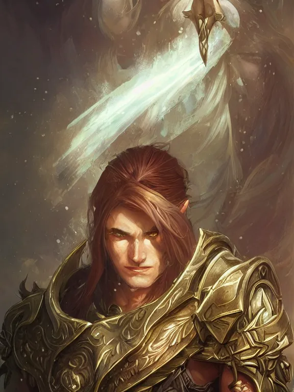 Image similar to world of warcraft male elven warrior, fantasy, man, intricate, elegant, highly detailed, digital painting, artstation, concept art, wallpaper, smooth, sharp focus, illustration, art by artgerm and greg rutkowski and alphonse mucha