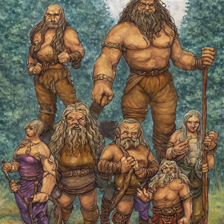 Image similar to a beautiful painting in the style of larry elmore of a stone golem standing center frame with his stone arms around his dwarf wizard and elf rogue friends at summer camp