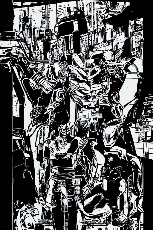 Prompt: ultron standing heroically, a page from cyberpunk 2 0 2 0, style of paolo parente, style of mike jackson, 1 9 9 0 s comic book style, white background, ink drawing, black and white