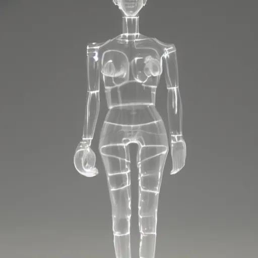 Prompt: Human female made of clear translucent plastic filled with water
