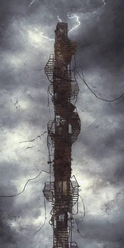 Image similar to a rusty old and wire upside - down edgy giant staircase to heaven, building construction, storm, misty background, in the game pathologic 2, highly detailed, sharp focus, matte painting, by rhads, artgerm, isaac levitan and asher brown durand,