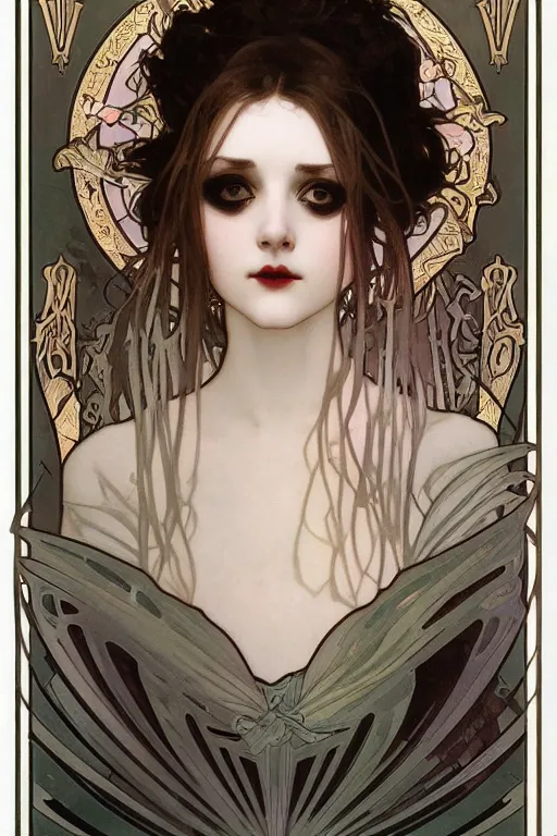 Prompt: A close-up portrait of a cute goth girl by Alphonse Mucha, art nouveau card, wlop, trending on artstation, 8k