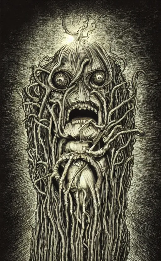 Image similar to portrait of lovecraftian onion surrounded by beams of light dark background by wayne barlow, stanley donwood, anton semenov, zdzislaw bekinski, hr giger, 8 k, fantasy, dark, highly detailed