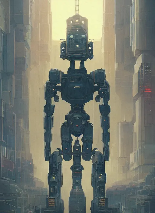 Image similar to a painting of a giant robot standing in front of a city, cyberpunk art by mike winkelmann, behance contest winner, nuclear art, dystopian art, apocalypse art, sci - fi