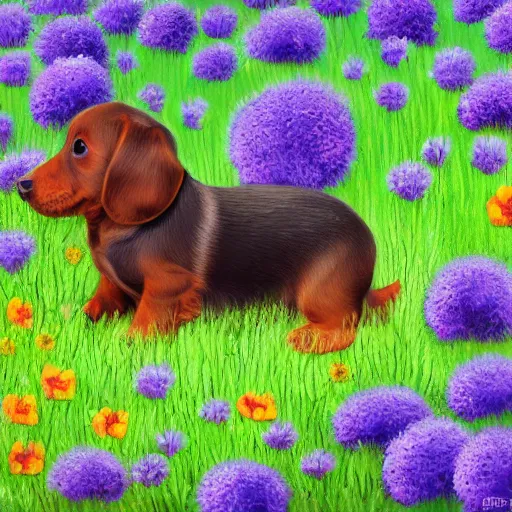 Image similar to cute fluffy daschund puppy sitting in flower meadow landscape detailed painting 4 k