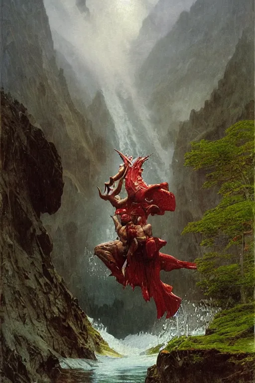 Image similar to martyn ford as huge horned armoured demon wearing cape and emerging from lake in canadian rockies, water splashing cascading, beautiful day, by albert bierstadt, ruan jia, lawrence alma tadema, zdzislaw beksinski, norman rockwell, jack kirby, tom lovell, greg staples