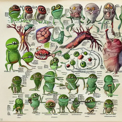 Image similar to pepe the frog ( pokemon ) anatomical diagram, in codex seraphinianus