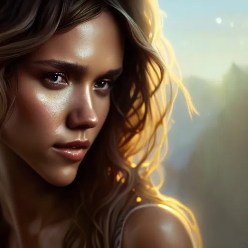 Image similar to beautiful digital painting jessica alba the thing with high detail, 8 k, stunning detail, photo by artgerm, greg rutkowski and alphonse mucha, unreal engine 5, 4 k uhd