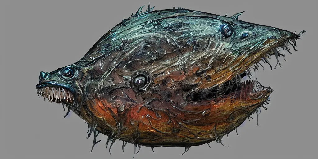 Image similar to angler fish sculpture, stylized layered shapes, long flowing fins, bioluminescent orbs, diffuse lighting, glowing eye, intricate, elegant, highly detailed, lifelike, photorealistic, digital painting, artstation, smooth, sharp focus, art by h r giger