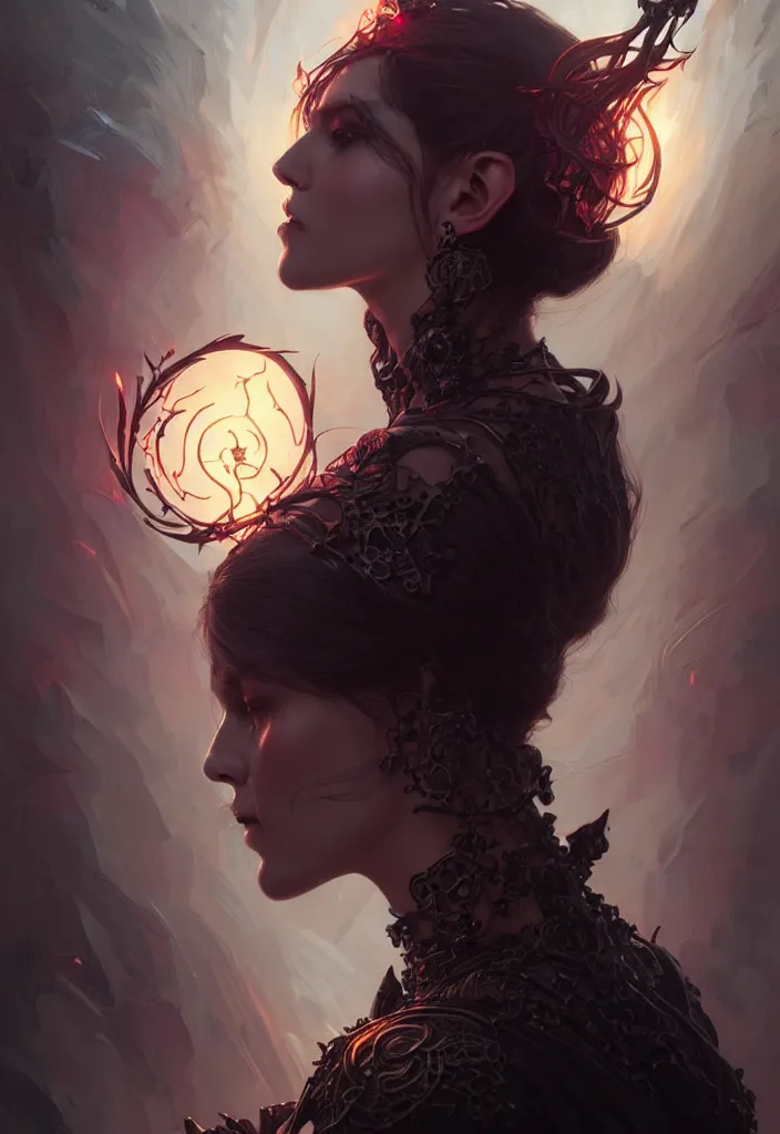 Image similar to Necromancer Sorceress face, fantasy magic, undercut hairstyle, dark light night, intricate, elegant, sharp focus, illustration, highly detailed, digital painting, concept art, matte, art by WLOP and Artgerm and Greg Rutkowski and Alphonse Mucha, masterpiece