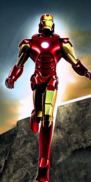 Image similar to full shot photograph of jesus christ being carried by iron man on doomsday, photorealistic, cinematic lighting, extremely detailed