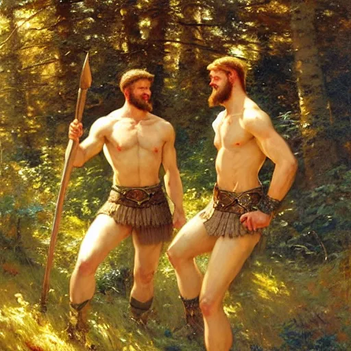 Image similar to 2 attractive male vikings frolicking in the forest. highly detailed painting by gaston bussiere, craig mullins, j. c. leyendecker, 8 k