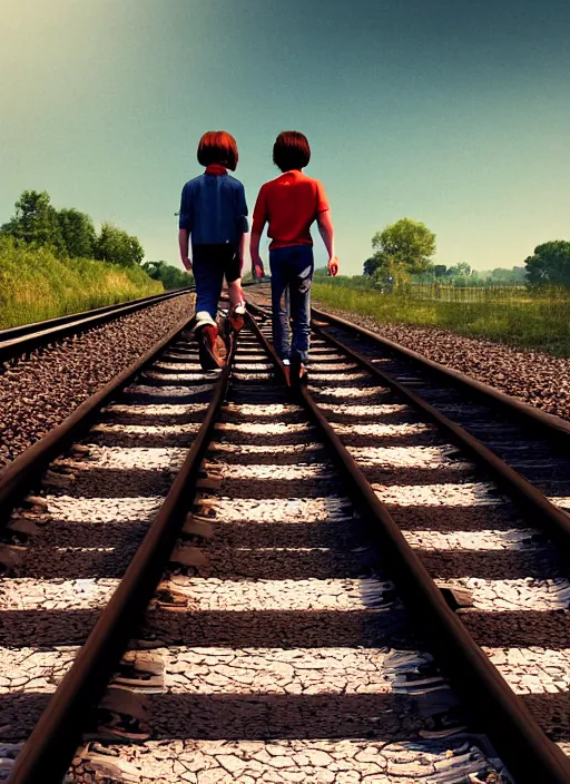 Image similar to young friends walking on train tracks on a sunny day, 1 9 8 0 s, moody cinematic photo, friendship, good feeling, hyper real, octane render, 8 k, photorealism