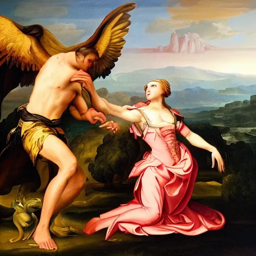 Prompt: joanna newsom fighting the predator, baroque style painting, very detailed