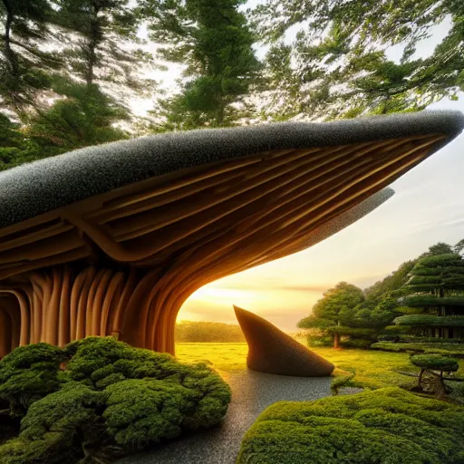 Prompt: japanese forest temple honoring funghi designed by syd mead and zaha hadid, sunset photo shoot