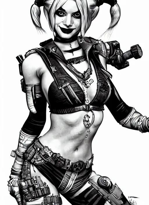 Image similar to concpet art, full shot, traditional ink, sketch, of harley quinn, line sketch, intricate, elegant, highly detailed, monochrome, digital painting, artstation, concept art, sharp focus, illustration, art by borderlands 3 and peter polach