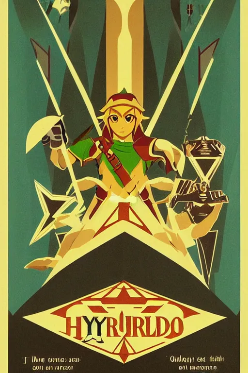 Image similar to Art Deco poster illustration of Hyrule from The Legend of Zelda, full shot