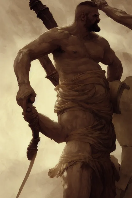 Image similar to ancient historically accurate depiction of the Bible Character Goliath of Gath, the Philistine warrior giant by frank miller, illustration by Ruan Jia and Mandy Jurgens and William-Adolphe Bouguereau, Artgerm, 4k, digital art, surreal, space dandy style, highly detailed, godsend, artstation, digital painting, concept art, smooth, sharp focus, illustration by Ruan Jia and Mandy Jurgens and William-Adolphe Bouguereau, Artgerm