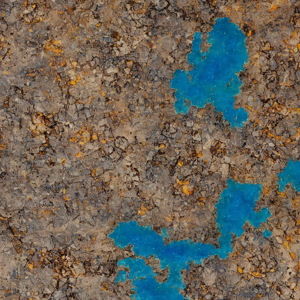 Prompt: A photograph shot from Landsat 99 satellite of an ornated, cyberpunk, highly textured and detailed landscape seen from an high precision lens, the remains of an hightech civilization are visible and multiform, full of colours, rivers and cracks of gold and azure stones with very consistent color palette run all over the place, very detailed, 8K, photorealistic