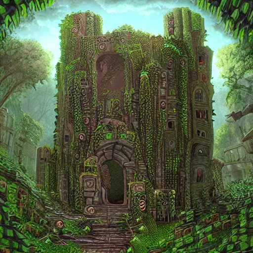 Prompt: ruined tower covered in creepers, beautiful, intricate, detailed, digital art painting