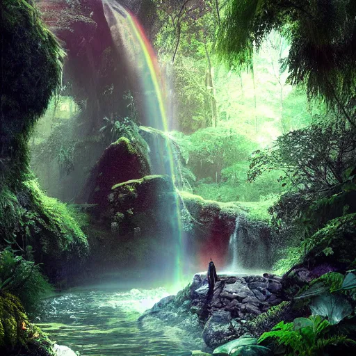 Prompt: an hidden waterfall, beautiful, atmosphere, vibe, mist, rainbow, wet, puddles, fern, flowers, concept art illustration, color page, tone mapping, akihiko yoshida, james jean, andrei riabovitchev, marc simonetti, digital illustration, greg rutowski, volumetric lighting, sunbeams, particles