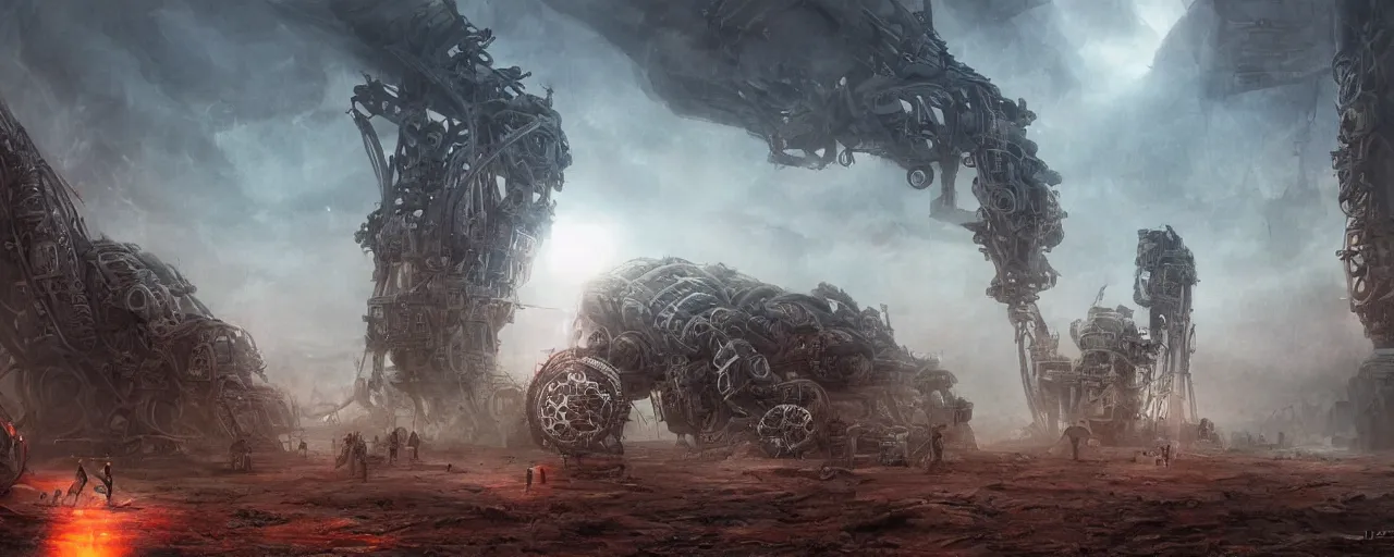 Prompt: lost souls feeding the eternal machine, epic shot, philosophical, low camera angle, titans, monumental, epic scope, very detailed, clear, dawn, by artgerm, ed repka, cloverfield movie, julie bell, beeple and Greg Rutkowski, airbrush, science fantasy, 80s, concept art, matte painting, Smooth gradients, octane render, 8k, High contrast, duo tone, depth of field, volumetric lightning, very coherent artwork