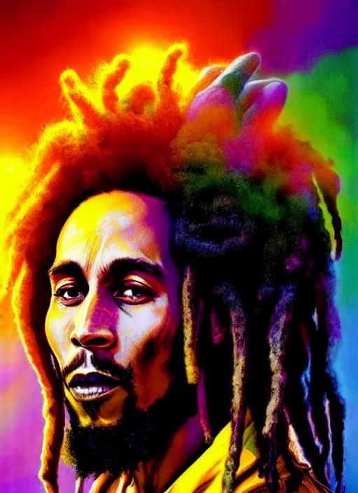 Image similar to portrait of bob marley with flowing dreadlocks, surrounded by spirit of jah rastafari. afrogoth intricate digital matte painting concept art, warpaint aesthetic, colorful, psychedelic, beautifully backlit, subtle tones, sharp focus, cinematic aesthetic octane render, volumetric lighting, by edmund leighton, james jean, ross tran and artgerm