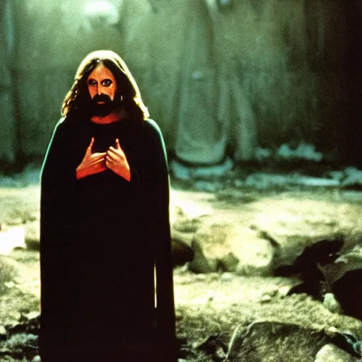 Image similar to A photo of Jesus as a horror movie slasher villain, f/22, 35mm, 2700K, kodachrome, award winning photography