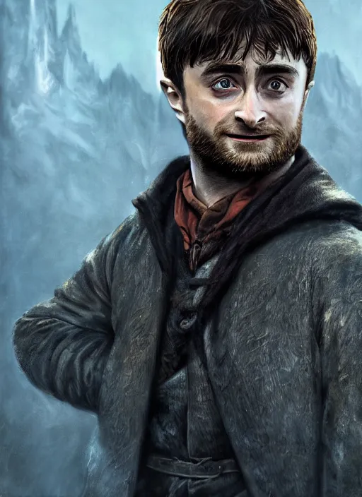 Prompt: A fantasy comic book style portrait painting of Daniel Radcliffe as a hobbit in dark castle setting, unreal 5, DAZ, hyperrealistic, octane render, RPG portrait, dynamic lighting