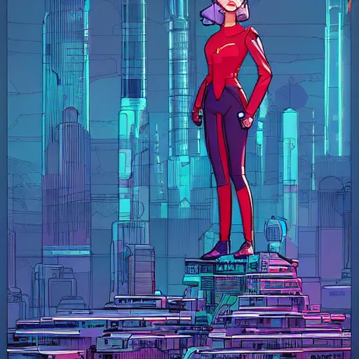 Image similar to beautiful sci - fi girl, full body standing in futuristic metropolis by josan gonzales