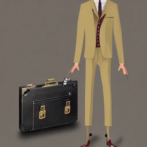 Prompt: a giraffe wearing a suit and holding a briefcase