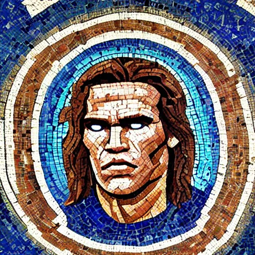 Prompt: ancient greek mosaic of arnold schwarzenegger as link from zelda