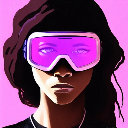 Image similar to zendaya wearing opaque reflective goggles profile picture by Greg Rutkowski, brown skin, very long hair, dune, asymmetrical, futuristic, neon volumetric lights, cool colors, streetwear, studio ghibli, Organic Painting , Matte Painting, geometric shapes, hard edges, street art, trending on the artstation, fantasy LUT, realistic by Sachin Teng + Martin Grip + Moebius, techwear, Industrial Scifi, detailed illustration, character portrait, dramatic, graphic,