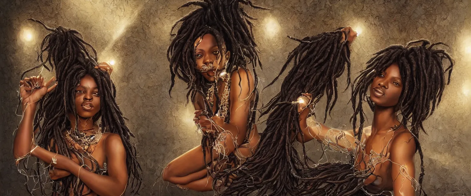 Image similar to a highly detailed symmetrical full body painting of a dark skinned beautiful black woman washing dreadlocks in dynamic lighting, ambient lighting, deviantart, art by artgerm and karol bak and mark brooks h