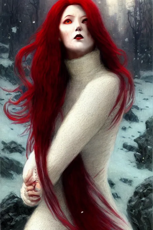 Image similar to beautiful vampire long red hair in a white woollen turtleneck dress, pointing at a small blue shin godzilla, portrait dnd, painting by gaston bussiere, craig mullins, greg rutkowski, yoji shinkawa