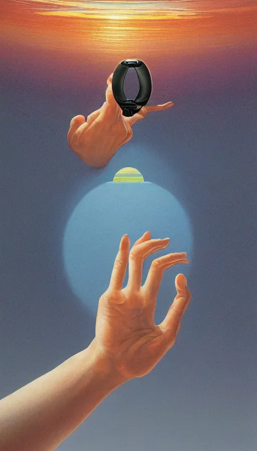 Image similar to a detailed portrait painting of a first-person view within a floating 3D VR hand interface (floating hologram levers and controls coating my fingers and extending my reach) (iOS hologram UI controls) by Jony Ive, Moebius, Roger Dean, intricate artwork by Caravaggio and James Turrell, 8K, sunrise atmospheric phenomena