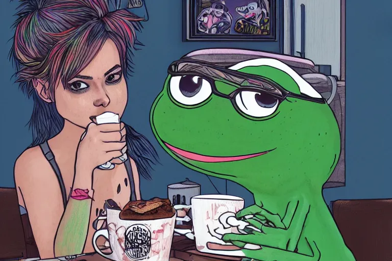 Image similar to studio photo!!! of a punk girl on a date with pepe! the frog! drinking coffee, highly detailed, 8 k, natural lighting