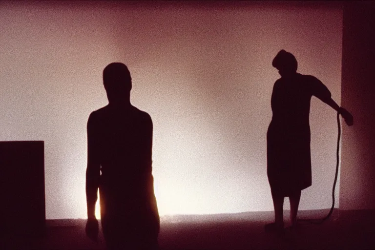 Image similar to backlit photograph of black box pouring energy into suburban room, silhouetted figure, crisp focus, 3 5 mm ektachrome