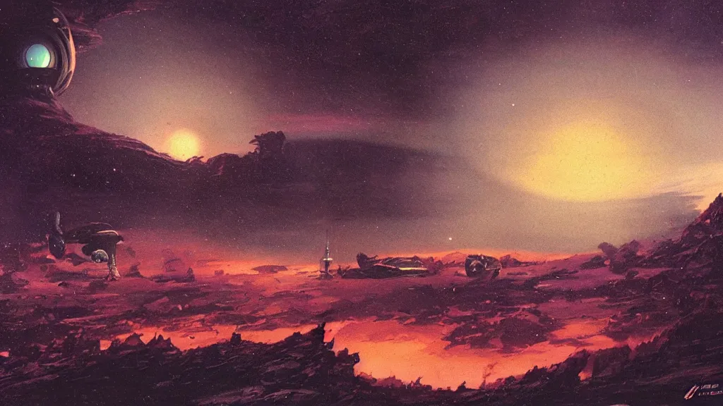 Image similar to eerie atmospheric alien planet with a small dropship pod landing by paul lehr and jack gaughan and john schoenherr, epic cinematic matte painting