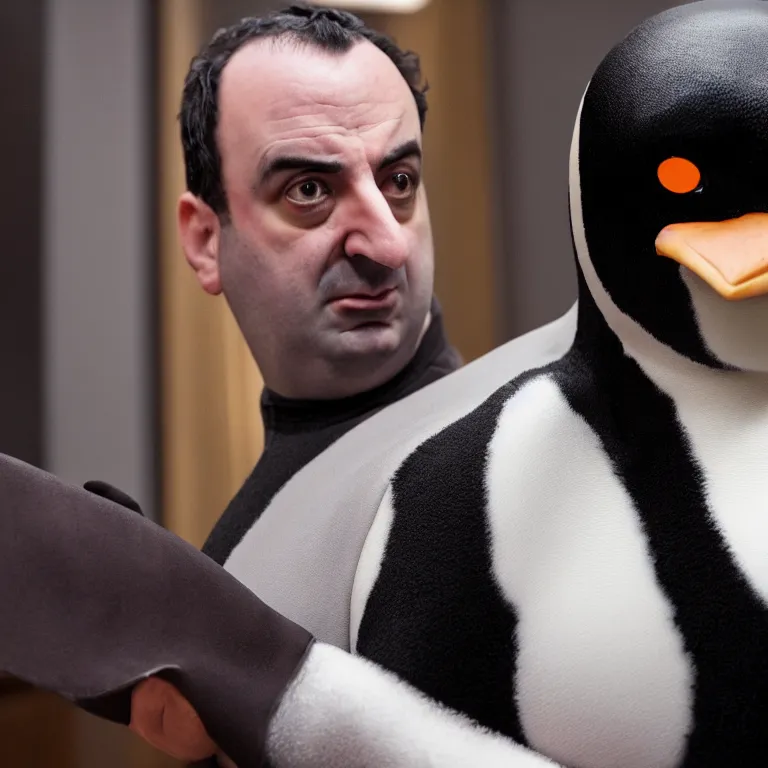 Image similar to mike stoklasa as the penguin, movie still, 8 k, hdr, atmospheric lighting