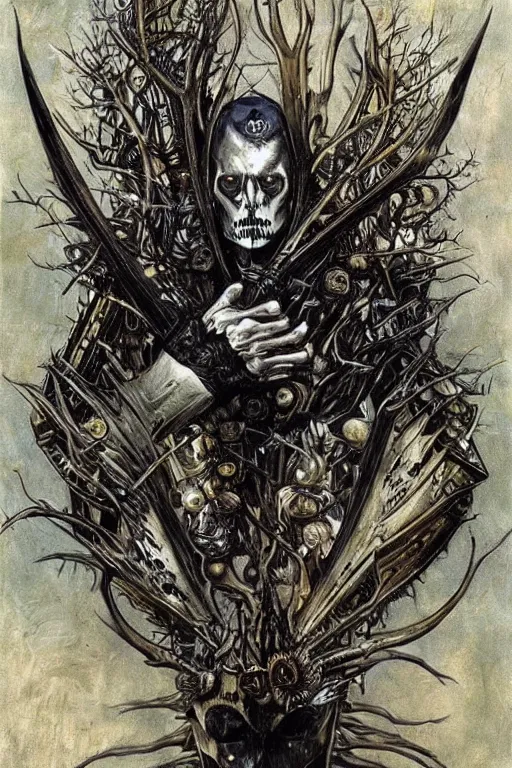 Image similar to The Knight of Bones by Karol Bak, Jean Deville, Gustav Klimt, and Vincent Van Gogh, portrait of a handsome vampire knight in armor, piercing grey eyes, ornate armor covered in thorns, nightmare warrior, bat wings, ornate dramatic bat wing helmet, mystic eye, otherworldly, skulls, fractal structures, arcane, inscribed runes, infernal relics, ornate gilded medieval icon, third eye, spirals