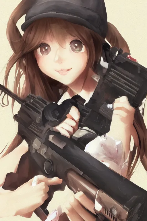 Prompt: illustration of a girl smiling holding a gun, drawn by mai yoneyama, and mitsume takahashi, detailed, dynamic lighting, pixiv art, digital art, anime art, detailed face