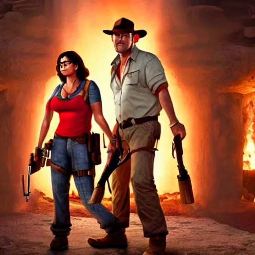 Prompt: still from the movie with Indiana Jones (played by Guy Fieri), Lara Croft (played by Linda Belcher) and Nathan Drake (played by Donald Duck), award-winning cinematography, 4k