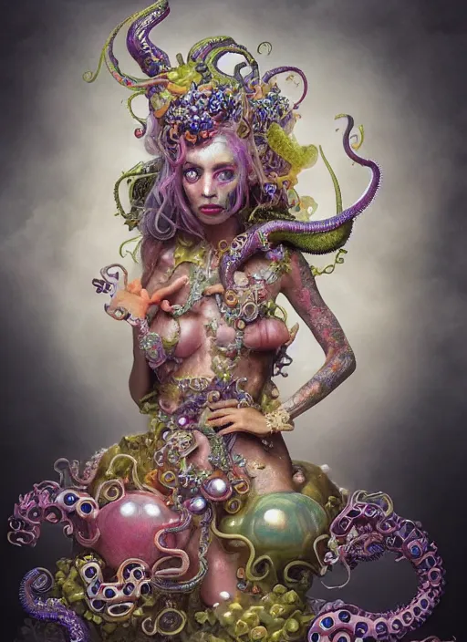 Image similar to A full body shot of a cute and mischievious monster girl wearing an ornate ball gown made of opals and tentacles. Fancy Dress under the sea. Subsurface Scattering. Translucent Skin. Rainbow palette. defined facial features, symmetrical facial features. Opalescent surface. beautiful lighting. By Giger and Ruan Jia and Artgerm and WLOP and William-Adolphe Bouguereau. Photo real. Hyper-real. Photorealism. Fantasy Illustration. Sailor Moon hair. Masterpiece. trending on artstation, featured on pixiv, award winning, cinematic composition, dramatic pose, sharp, details, Hyper-detailed, HD, HDR, 4K, 8K.