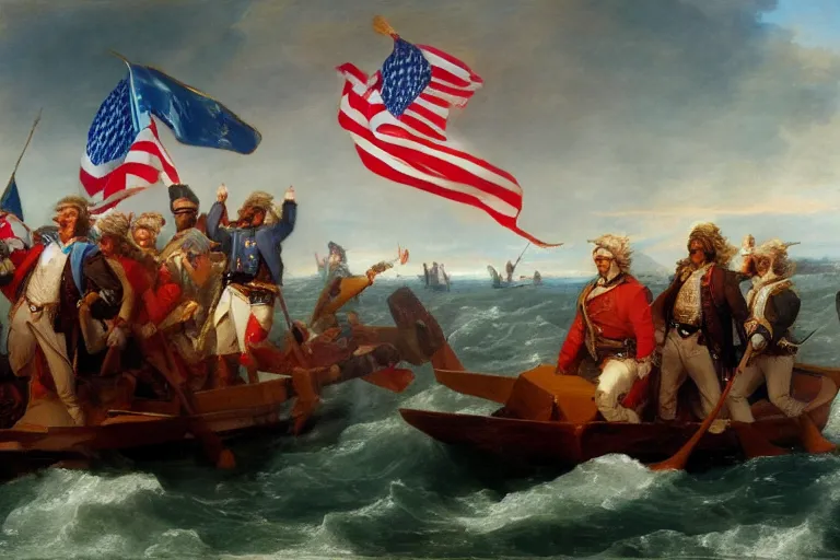 Image similar to Donald Trump crossing the delaware there is an arbys sign in the background by Emanuel Leutze