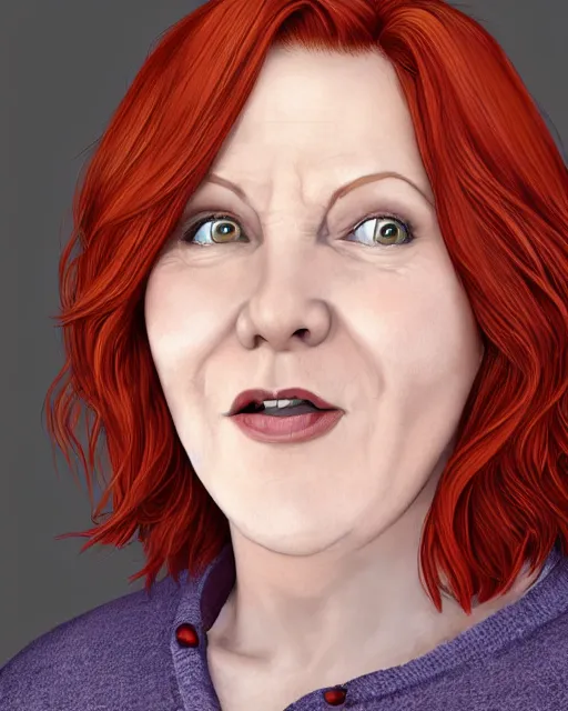 Image similar to portrait of short and plump 5 0 - year - old woman with red hair and, happy kind face, round face, short hair, molly weasley, wearing in cardigan, hyper realistic face, beautiful eyes, character art, art by mark brooks, hyperdetailed, cryengine, trending on artstation, digital art