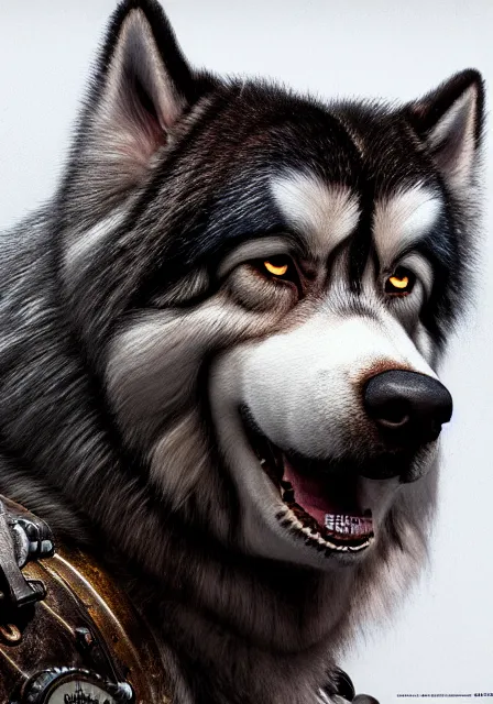 Image similar to hyper realistic ultra - detailed portrait of alaskan malamute face, steampunk hat with goggles and gears, upper body, detective coat, sharp focus, illustration, fantasy style, octane render, concept art, smooth, volumetric lighting, 8 k high definition, intricate, wide shot, by greg rutkowski, highly detailed, trending on art station