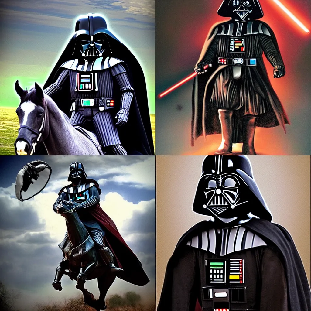 Prompt: Darth Vader rides a horse with the head of Frodo Beutlin the Hobbit, The horse has a Head in the shape of Frodo beutlin the hobbit, horsehead:-1, human head:2